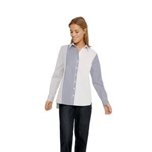 Harshman Aurora Stripe Mix White Navy Cotton Long Sleeve Shirt Womens Size Small